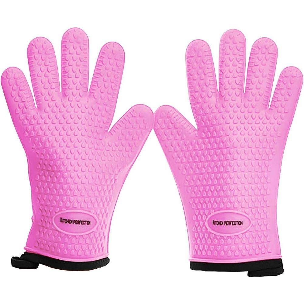 imageKITCHEN PERFECTION Silicone Smoker Oven Gloves Extreme Heat Resistant BBQ Gloves Handle Hot Food Right on Your Smoker Grill Fryer PitWaterproof Oven Mitts Grill Gloves Superior Value Set3 BonusesPink