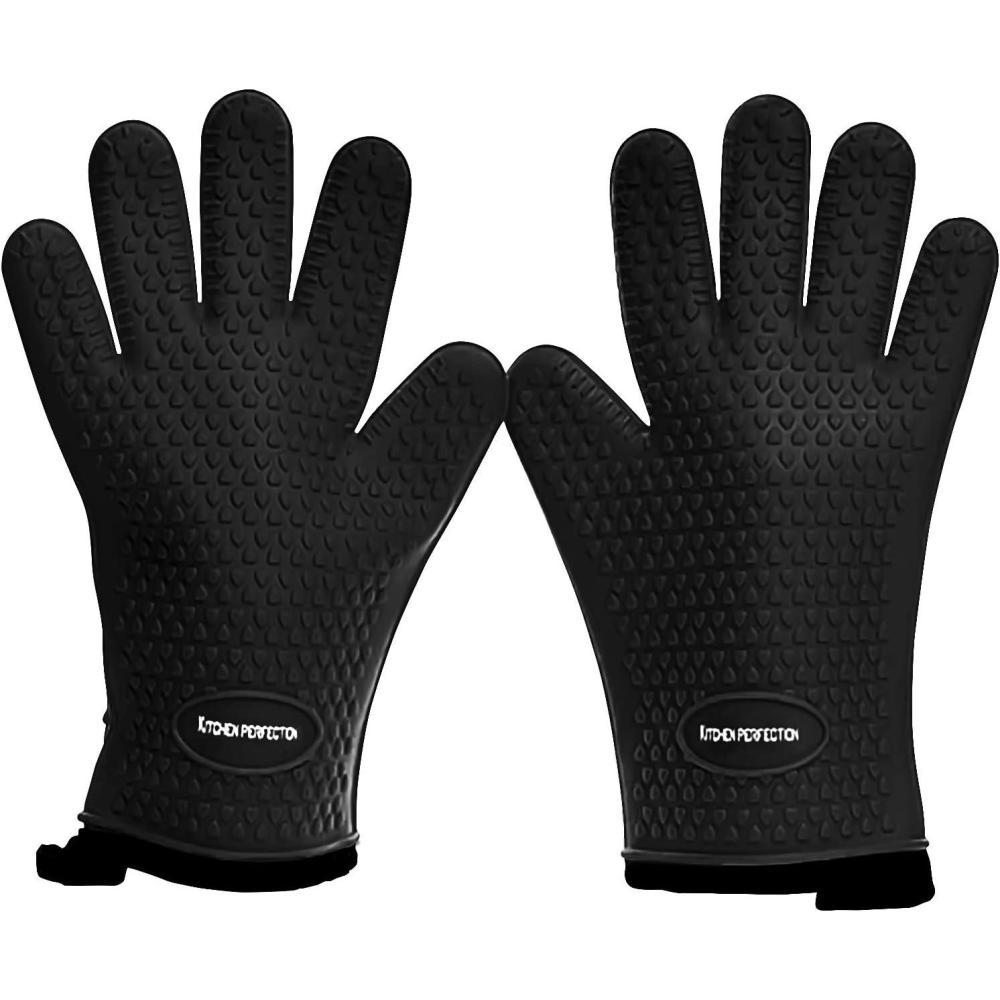 imageKITCHEN PERFECTION Silicone Smoker Oven Gloves Extreme Heat Resistant BBQ Gloves Handle Hot Food Right on Your Smoker Grill Fryer PitWaterproof Oven Mitts Grill Gloves Superior Value Set3 BonusesDeep Black