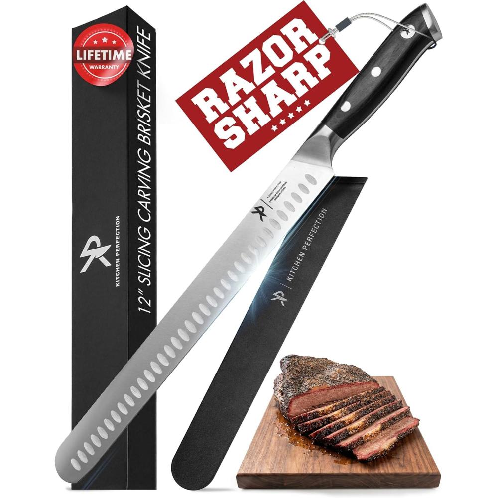 imageKitchen perfection 12 Brisket Knife for Carving ampamp Slicing Meat  Ultra Sharp Premium German Steel Granton Edge with Sheath Full Tang Ergonomic HandleFor BBQ Turkey ampamp Ribs Grilling Gifts for Men1 12 Brisket Knife w Sheath