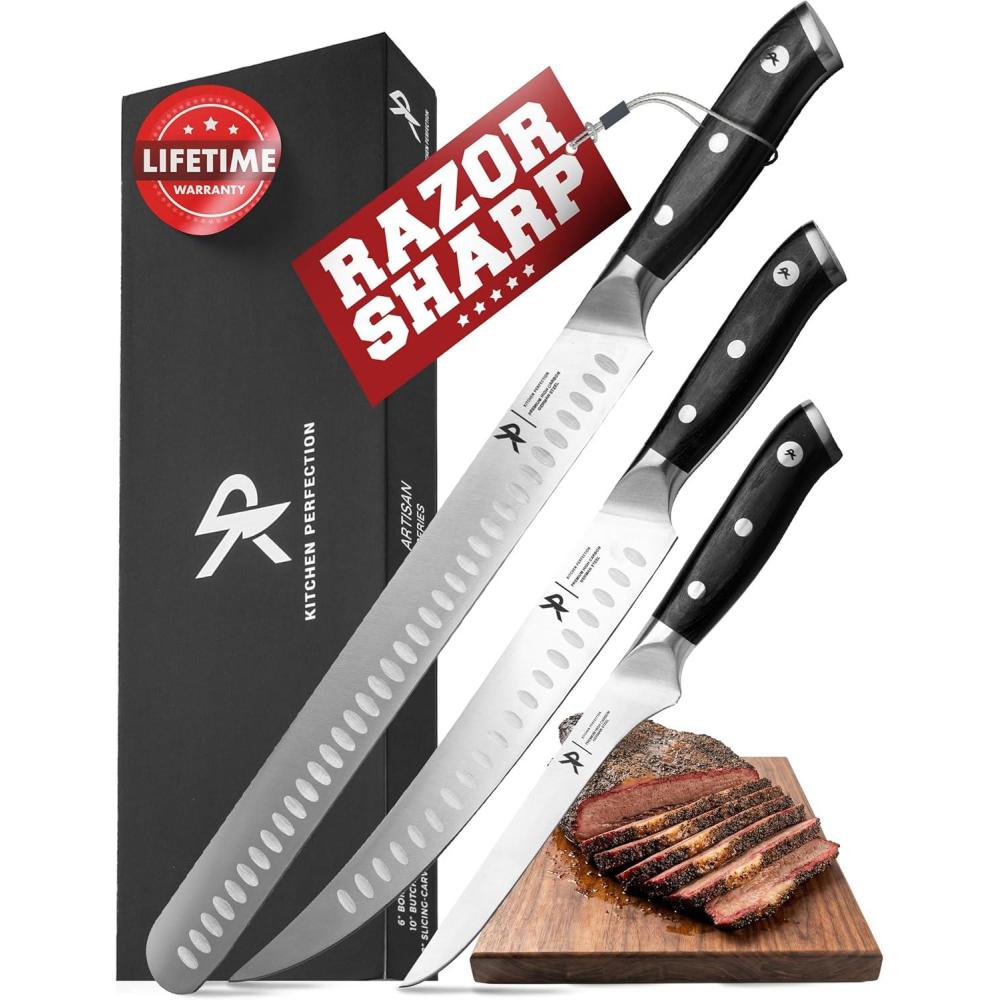 imageKitchen perfection 12 Brisket Knife for Carving ampamp Slicing Meat  Ultra Sharp Premium German Steel Granton Edge with Sheath Full Tang Ergonomic HandleFor BBQ Turkey ampamp Ribs Grilling Gifts for Men5 3 PC BBQ Knives Set w Sheaths