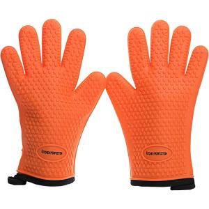 KITCHEN PERFECTION Silicone Smoker Oven Gloves -Extreme Heat Resistant BBQ Gloves -Handle Hot Food Right on Your Smoker Grill Fryer Pit|Waterproof Oven Mitts Grill Gloves |Superior Value Set+3 Bonuses(Orange Flame)