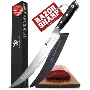 Kitchen perfection 12” Brisket Knife for Carving & Slicing Meat – Ultra Sharp Premium German Steel Granton Edge with Sheath, Full Tang Ergonomic Handle.For BBQ, Turkey & Ribs- Grilling Gifts for Men(2. 10″ Butcher Breaking Knife w/ Sheath)