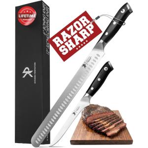 Kitchen perfection 12” Brisket Knife for Carving & Slicing Meat – Ultra Sharp Premium German Steel Granton Edge with Sheath, Full Tang Ergonomic Handle.For BBQ, Turkey & Ribs- Grilling Gifts for Men(4. 2 PC BBQ Knives Set w/ Sheaths)