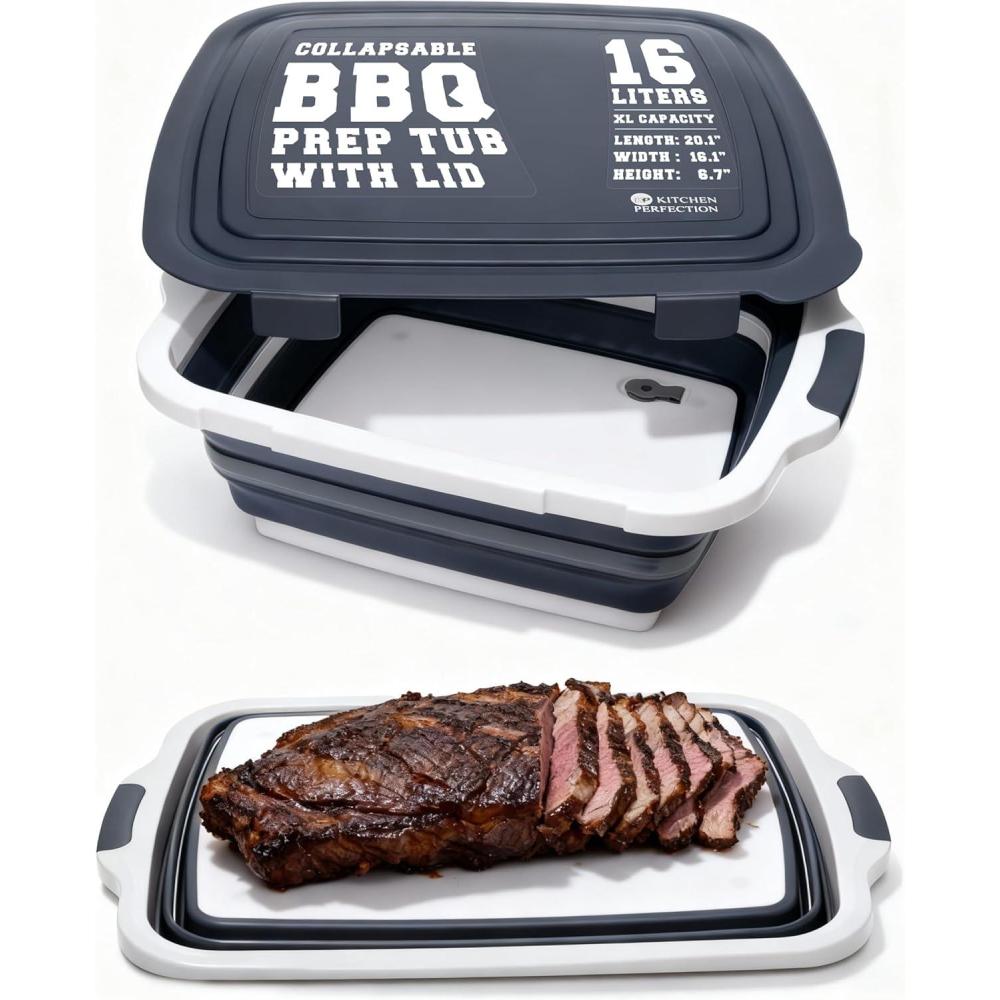 imageKITCHEN PERFECTION Collapsible XL Smoker ampamp BBQ Prep Tub with Locking Lid ampamp Cutting Board  Grill Caddy Container for Meat Marinating ampamp Brine Perfect For Brisket Turkey ampamp Ribs  Best Gift For MenGray
