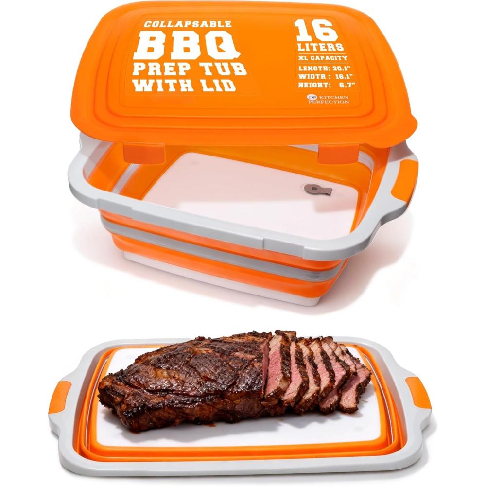 imageKITCHEN PERFECTION Collapsible XL Smoker ampamp BBQ Prep Tub with Locking Lid ampamp Cutting Board  Grill Caddy Container for Meat Marinating ampamp Brine Perfect For Brisket Turkey ampamp Ribs  Best Gift For MenOrange
