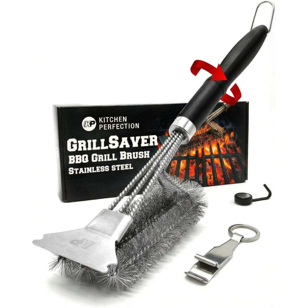 imageKITCHEN PERFECTION GrillSaver  Safe BBQ Grill Brush with Replaceable Cleaning Head  HeavyDuty Grill Cleaner with Scraper Magnetic Hanger Bottle Opener Powerful Cleaning Tool for All Grill Grates1 Grillsaver  Stainless Steel