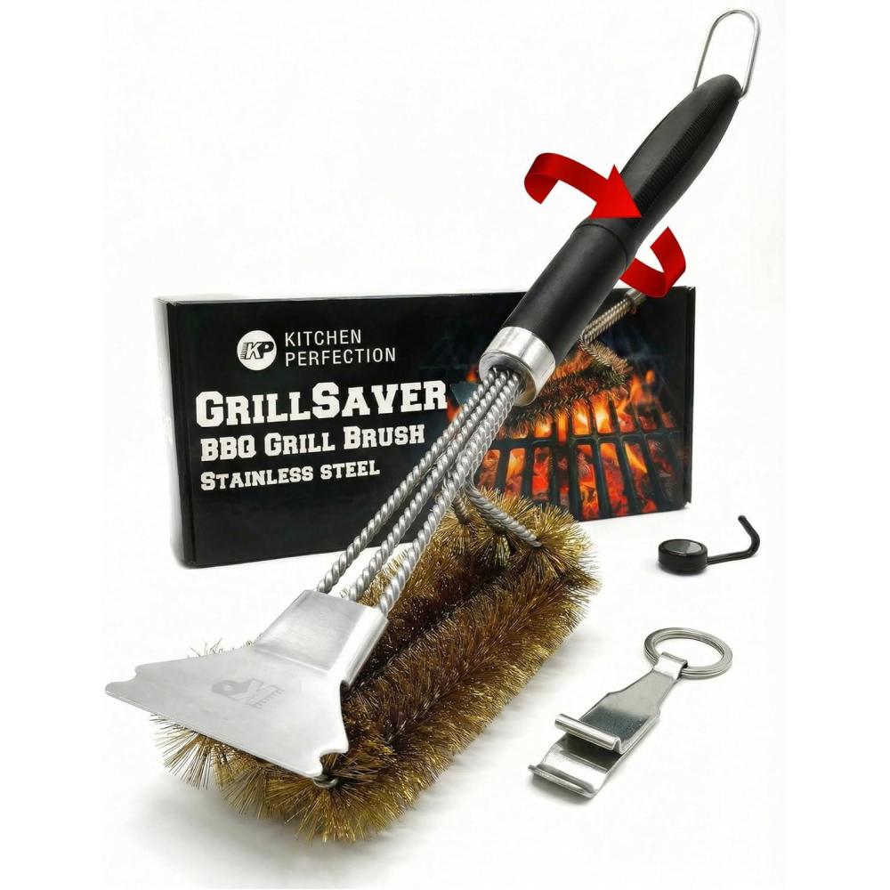 imageKITCHEN PERFECTION GrillSaver  Safe BBQ Grill Brush with Replaceable Cleaning Head  HeavyDuty Grill Cleaner with Scraper Magnetic Hanger Bottle Opener Powerful Cleaning Tool for All Grill Grates2 Grillsaver  Brass