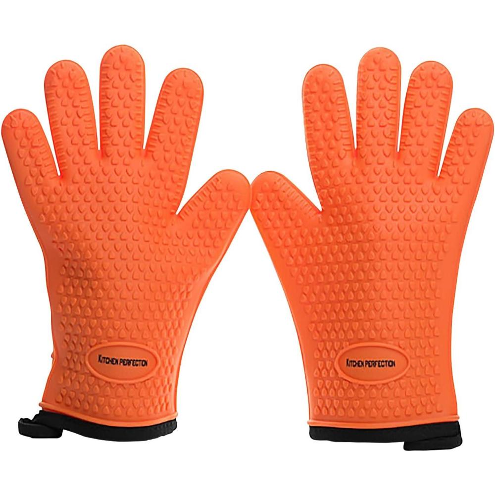 imageKITCHEN PERFECTION Silicone Smoker Oven Gloves For Women Extreme Heat Resistant BBQ Gloves Handle Hot Food Right on Your Smoker Grill FryerWaterproof Oven Mitts Grill Gloves Superior Set3 BonusesOrange Fire