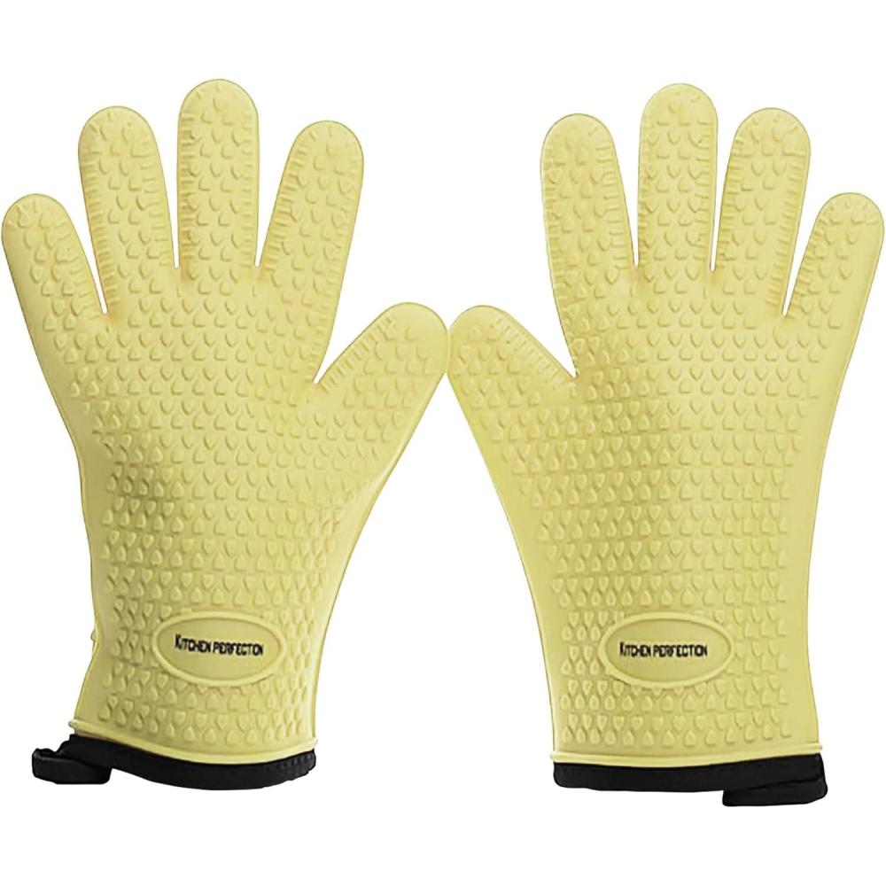 imageKITCHEN PERFECTION Silicone Smoker Oven Gloves For Women Extreme Heat Resistant BBQ Gloves Handle Hot Food Right on Your Smoker Grill FryerWaterproof Oven Mitts Grill Gloves Superior Set3 BonusesPastel Yellow