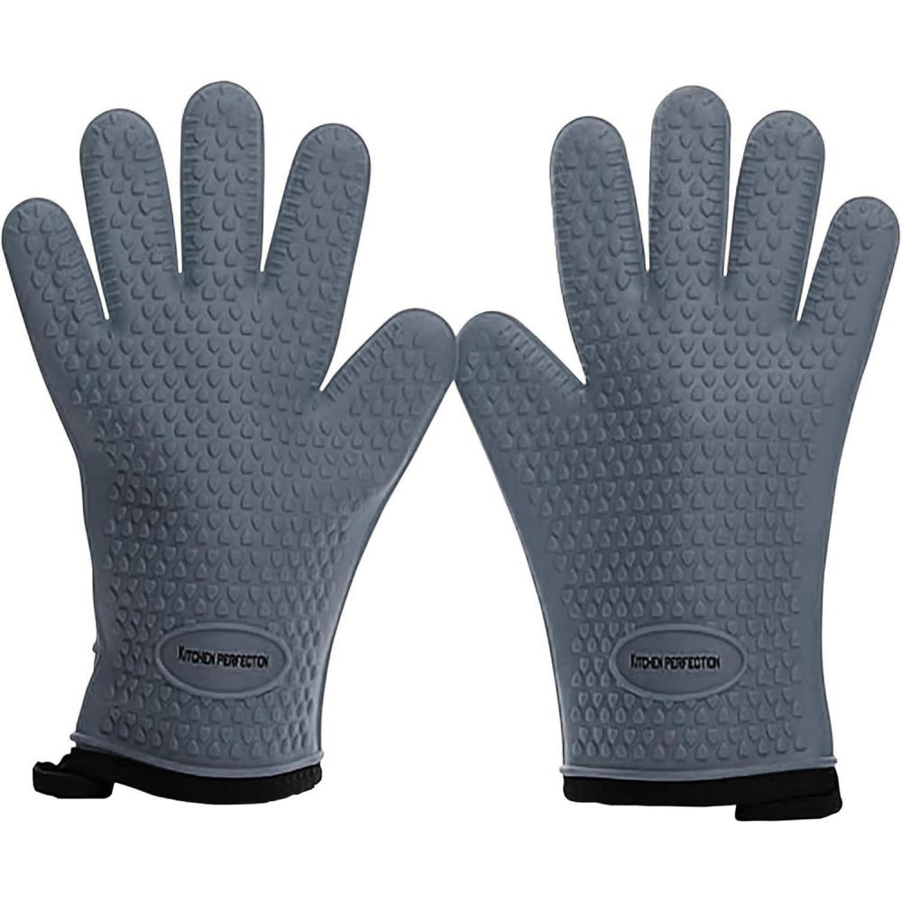 imageKITCHEN PERFECTION Silicone Smoker Oven Gloves For Women Extreme Heat Resistant BBQ Gloves Handle Hot Food Right on Your Smoker Grill FryerWaterproof Oven Mitts Grill Gloves Superior Set3 BonusesLight Gray