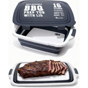 KITCHEN PERFECTION Collapsible XL Smoker & BBQ Prep Tub with Locking Lid & Cutting Board – Grill Caddy Container for Meat Marinating & Brine Perfect For Brisket, Turkey & Ribs – Best Gift For Men(Gray)