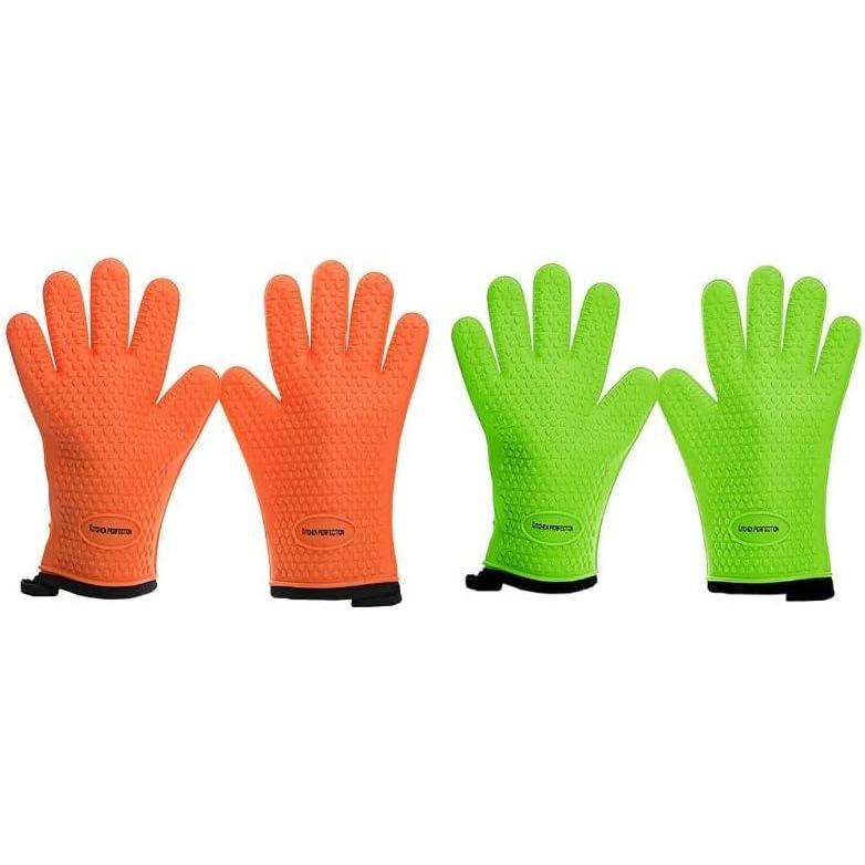 imageKitchen Perfection 2 Pairs of Silicone Smoker Oven Gloves One Size Fits All  Orange ampamp Green