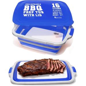 KITCHEN PERFECTION Collapsible XL Smoker & BBQ Prep Tub with Locking Lid & Cutting Board – Grill Caddy Container for Meat Marinating & Brine Perfect For Brisket, Turkey & Ribs – Best Gift For Men(Classic Blue)
