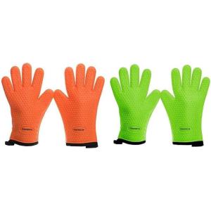 Kitchen Perfection 2 Pairs of Silicone Smoker Oven Gloves One Size Fits All – Orange & Green
