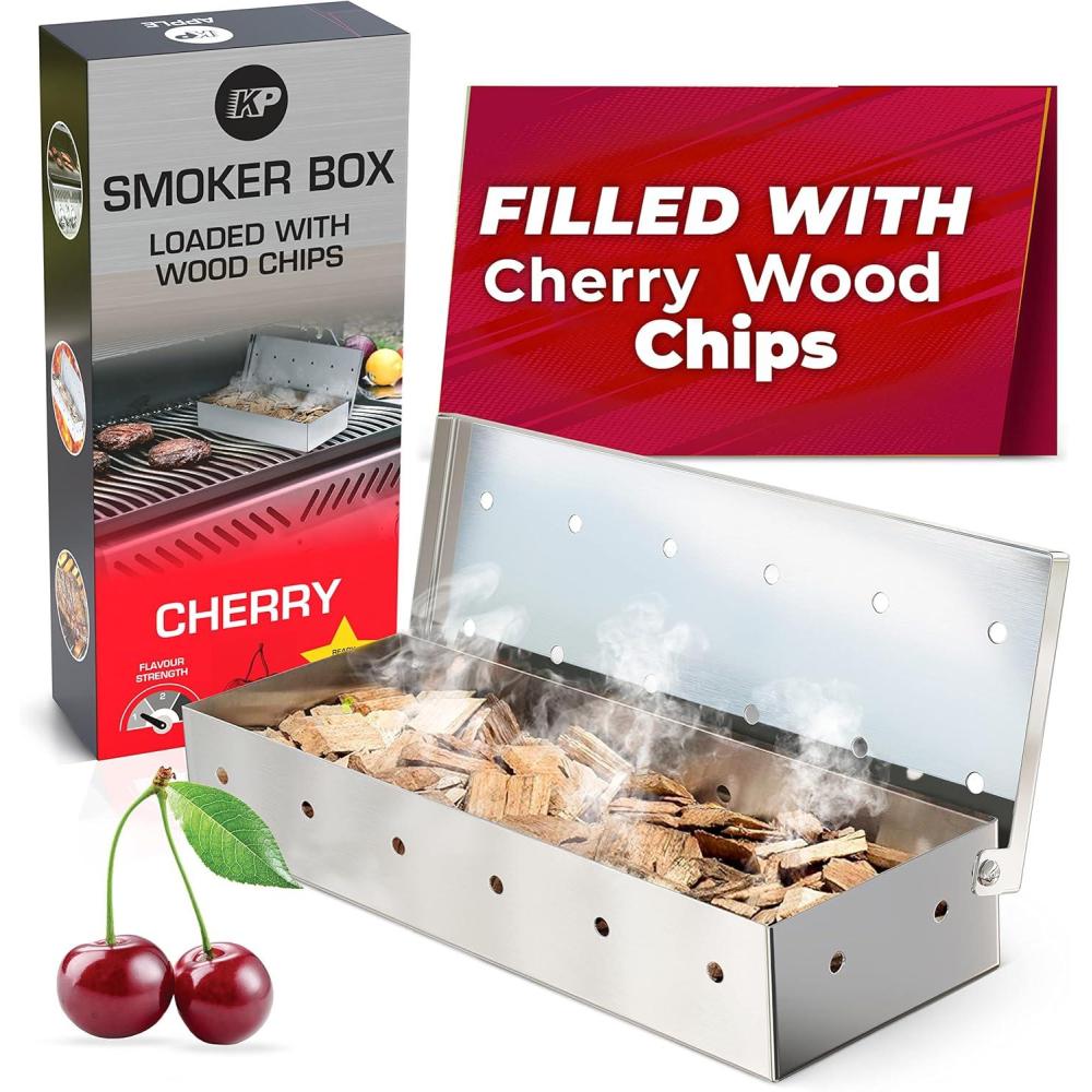 image:imageKITCHEN PERFECTION Smoker Box For Gas Grill  Bbq Wood Chip Smoker Box PreFilled with Cherry Wood Chips Adds Delicious Smokey Flavor on Propane amp Pellet Grill