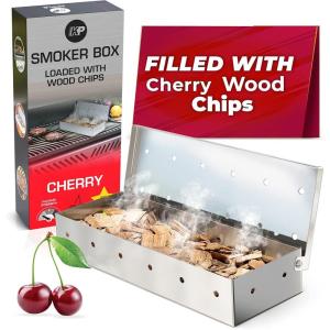 KITCHEN PERFECTION Smoker Box For Gas Grill – Bbq Wood Chip Smoker Box Pre-Filled with Cherry Wood Chips -Adds Delicious Smokey Flavor on Propane & Pellet Grill