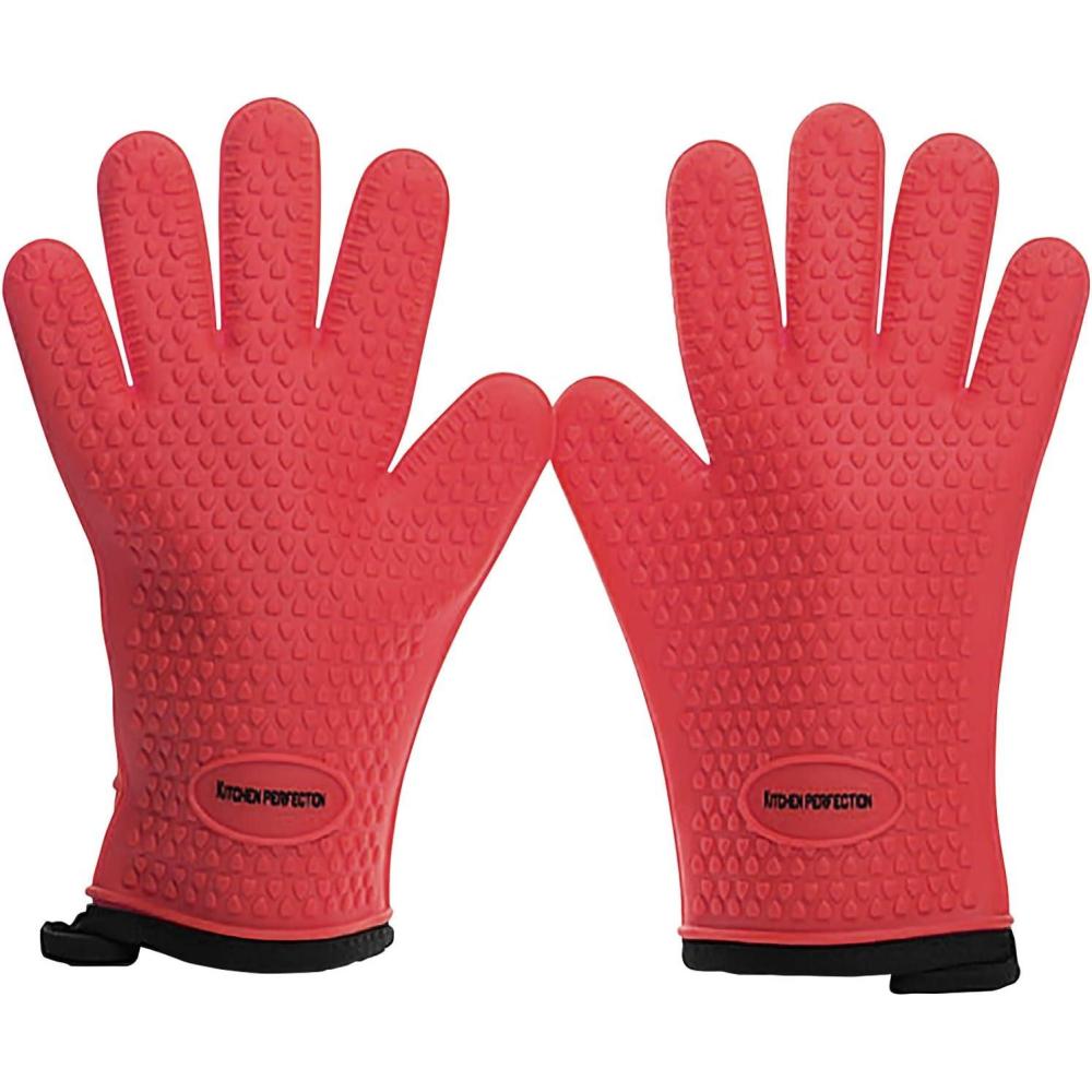 image:imageKITCHEN PERFECTION Silicone Smoker Oven Gloves Extreme Heat Resistant BBQ Gloves Handle Hot Food Right on Your Smoker Grill Fryer PitWaterproof Oven Mitts Grill Gloves Superior Value Set3 BonusesChili Red