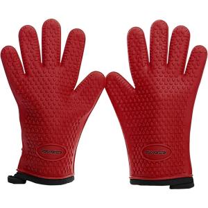 KITCHEN PERFECTION Silicone Smoker Oven Gloves -Extreme Heat Resistant BBQ Gloves -Handle Hot Food Right on Your Smoker Grill Fryer Pit|Waterproof Oven Mitts Grill Gloves |Superior Value Set+3 Bonuses(Bold Red)