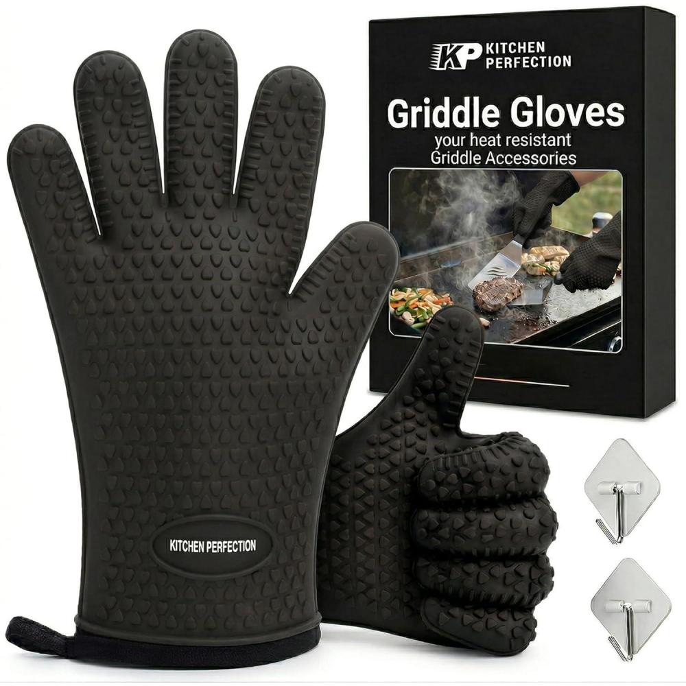 image:imageKITCHEN PERFECTION Silicone Oven amp Griddle Gloves Extreme Heat Resistant BBQ amp Grilling Gloves Handle Hot Food Right on Your Griddle Waterproof Oven Mitts Grill Gloves Superior Set3 BonusesCarbon Black