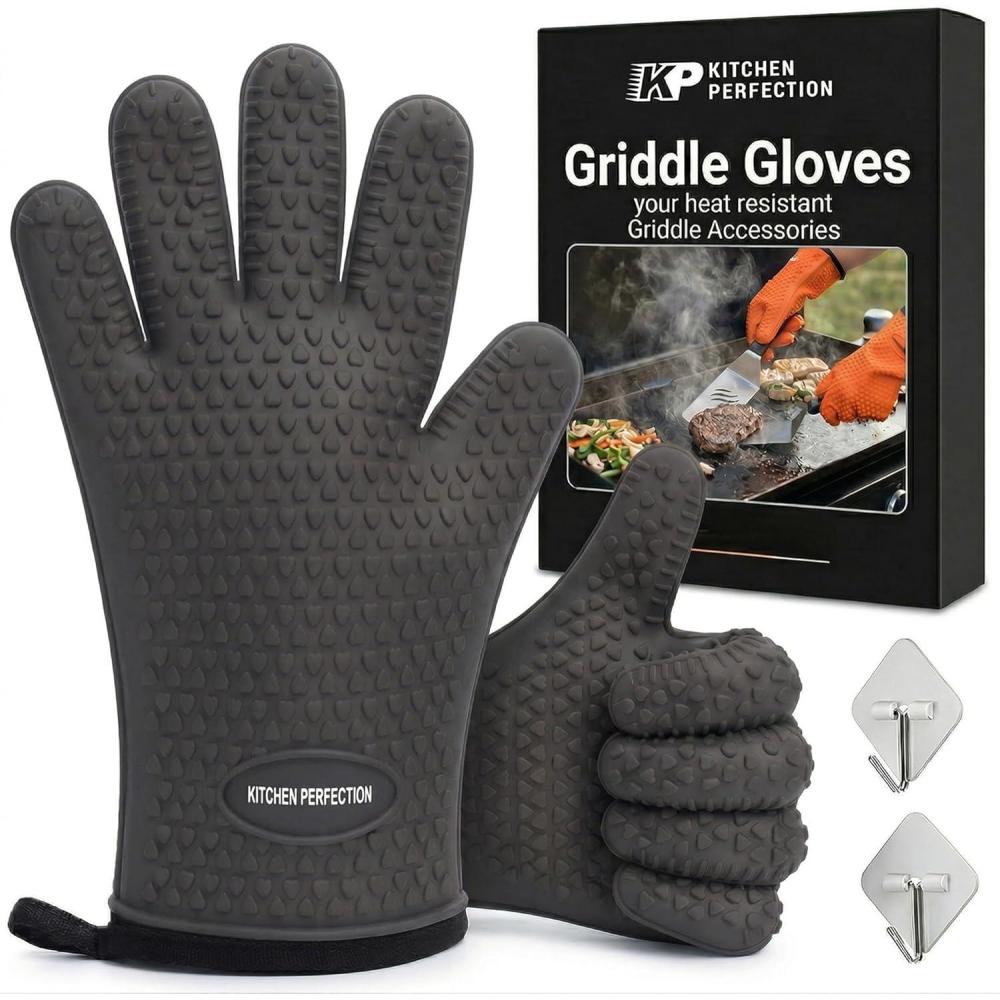image:imageKITCHEN PERFECTION Silicone Oven amp Griddle Gloves Extreme Heat Resistant BBQ amp Grilling Gloves Handle Hot Food Right on Your Griddle Waterproof Oven Mitts Grill Gloves Superior Set3 BonusesModern Gray