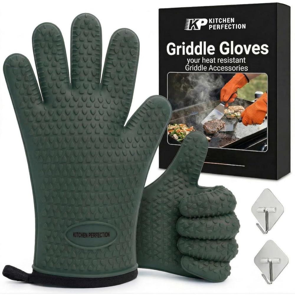 image:imageKITCHEN PERFECTION Silicone Oven amp Griddle Gloves Extreme Heat Resistant BBQ amp Grilling Gloves Handle Hot Food Right on Your Griddle Waterproof Oven Mitts Grill Gloves Superior Set3 BonusesRanger Green