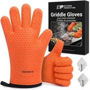 KITCHEN PERFECTION Silicone Oven & Griddle Gloves -Extreme Heat Resistant BBQ & Grilling Gloves -Handle Hot Food Right on Your Griddle |Waterproof Oven Mitts Grill Gloves |Superior Set+3 Bonuses(Blaze Orange)