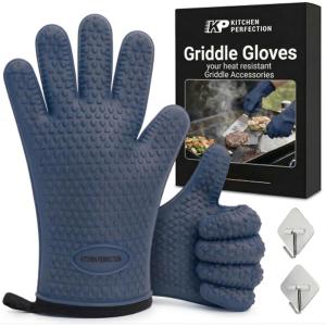 KITCHEN PERFECTION Silicone Oven & Griddle Gloves -Extreme Heat Resistant BBQ & Grilling Gloves -Handle Hot Food Right on Your Griddle |Waterproof Oven Mitts Grill Gloves |Superior Set+3 Bonuses(Classic Navy)