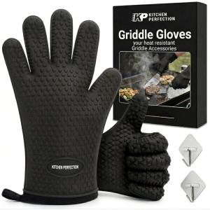 KITCHEN PERFECTION Silicone Oven & Griddle Gloves -Extreme Heat Resistant BBQ & Grilling Gloves -Handle Hot Food Right on Your Griddle |Waterproof Oven Mitts Grill Gloves |Superior Set+3 Bonuses(Carbon Black)