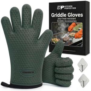 KITCHEN PERFECTION Silicone Oven & Griddle Gloves -Extreme Heat Resistant BBQ & Grilling Gloves -Handle Hot Food Right on Your Griddle |Waterproof Oven Mitts Grill Gloves |Superior Set+3 Bonuses(Ranger Green)