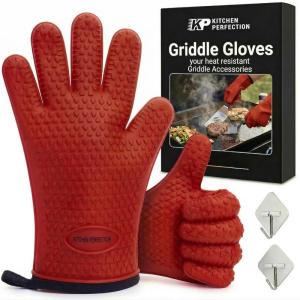 KITCHEN PERFECTION Silicone Oven & Griddle Gloves -Extreme Heat Resistant BBQ & Grilling Gloves -Handle Hot Food Right on Your Griddle |Waterproof Oven Mitts Grill Gloves |Superior Set+3 Bonuses(Prime Red)