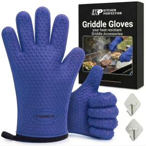 KITCHEN PERFECTION Silicone Oven & Griddle Gloves -Extreme Heat Resistant BBQ & Grilling Gloves -Handle Hot Food Right on Your Griddle |Waterproof Oven Mitts Grill Gloves |Superior Set+3 Bonuses(True Blue)