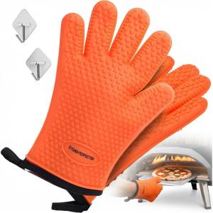 KITCHEN PERFECTION XL Silicone Pizza Oven Gloves -Extreme Heat Resistant Gloves for Outdoor & Indoor Pizza Ovens -Waterproof Oven Mitts Compatible w/Ooni, Ninja, Gozney & More|Superior Set+3 Bonuses(Torch Orange)