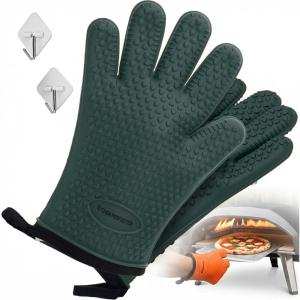 KITCHEN PERFECTION XL Silicone Pizza Oven Gloves -Extreme Heat Resistant Gloves for Outdoor & Indoor Pizza Ovens -Waterproof Oven Mitts Compatible w/Ooni, Ninja, Gozney & More|Superior Set+3 Bonuses(Timber Green)